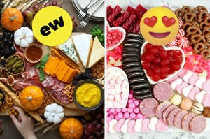 A cheese and meet charcuterie board with an "ew" badge on it, and a dessert charcuterie board with a heart eyes badge on it.