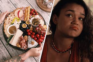 An overhead shot of a charcuterie board and a close up of Kiara from "Outer Banks" as she frowns