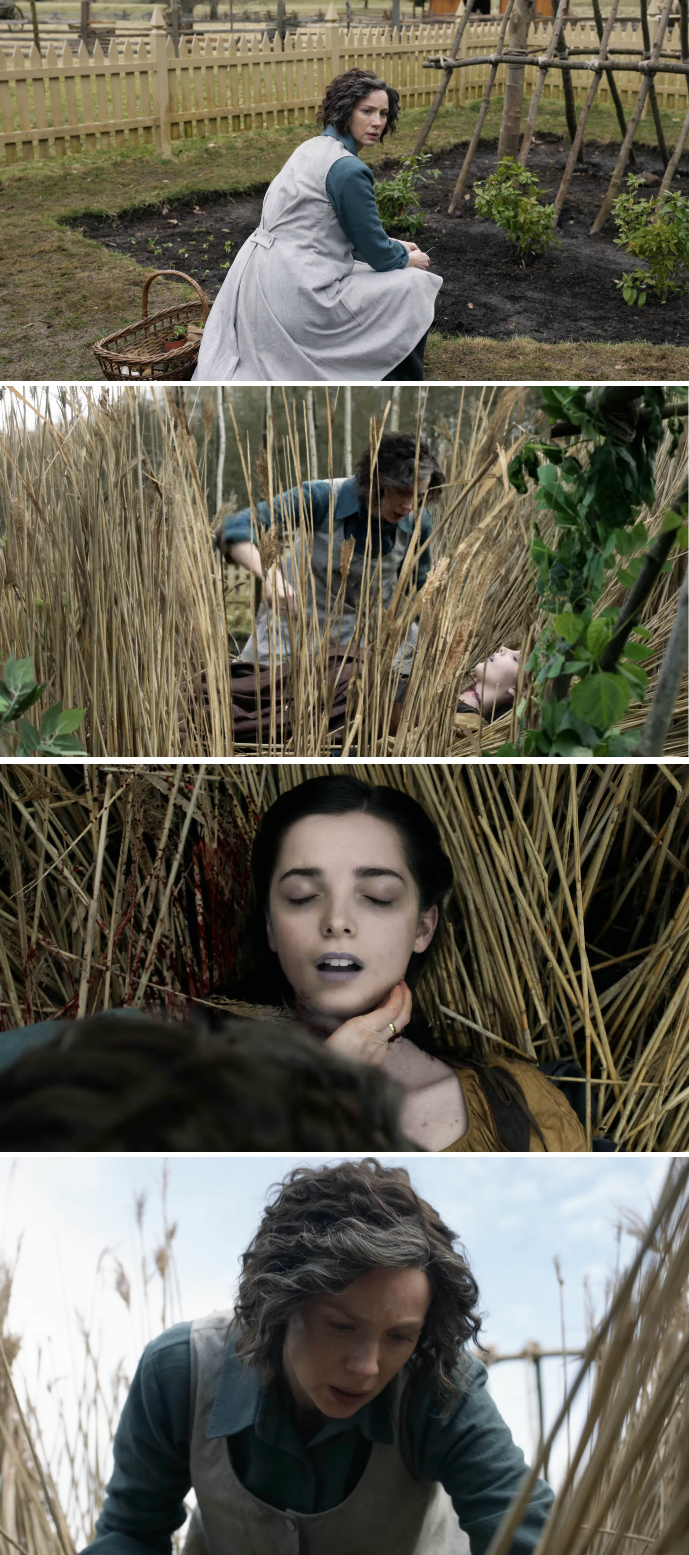 Claire crouching down in the field and checking Malva&#x27;s pulse
