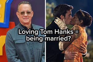 Tom Hanks wears dark sunglasses and a button up shirt and Anthony Bridgerton kisses Kate Sharma