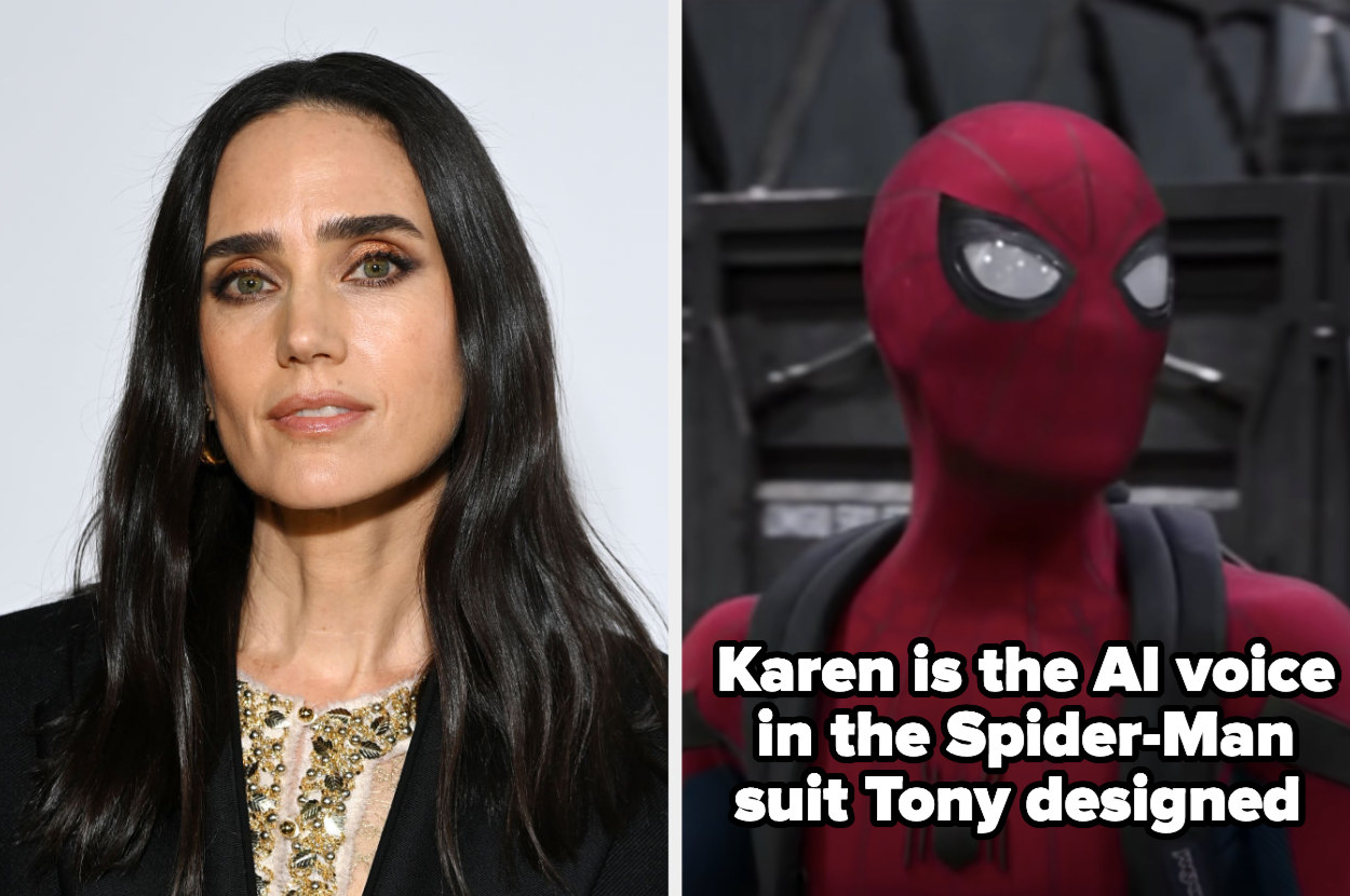 A headshot of Jennifer next to an image of Spider-Man with the text &quot;Karen is the AI voice in the Spider-Man suit Tony designed&quot;