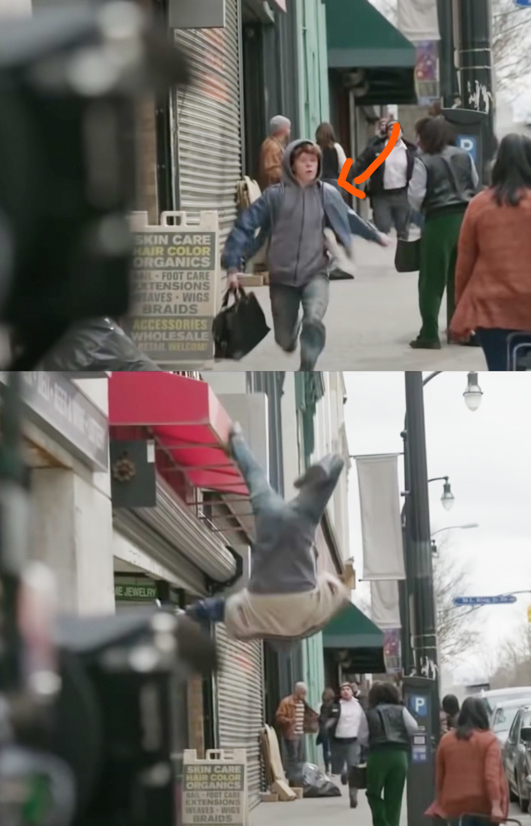 Harry running down the street and then ending up hanging upside down