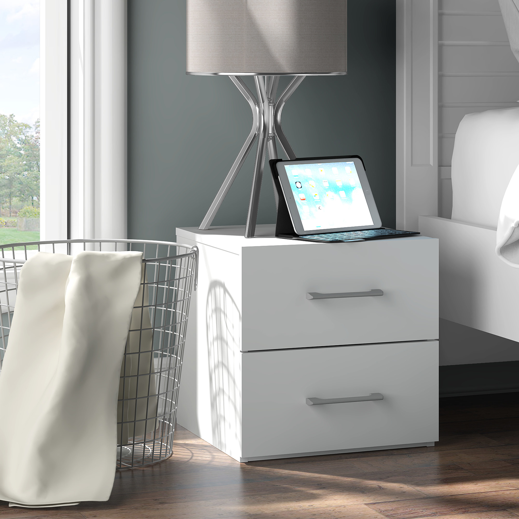 An image of a white two-drawer nightstand with a USB port