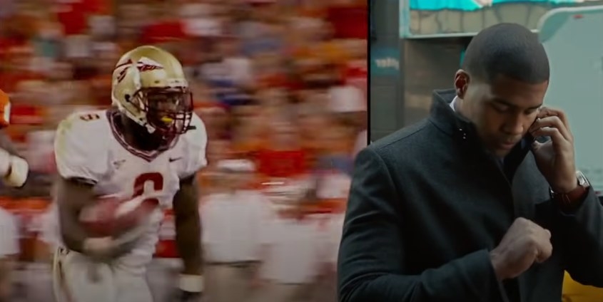 A split screen of Ray Jennings running in an FSU uniform and him on the phone
