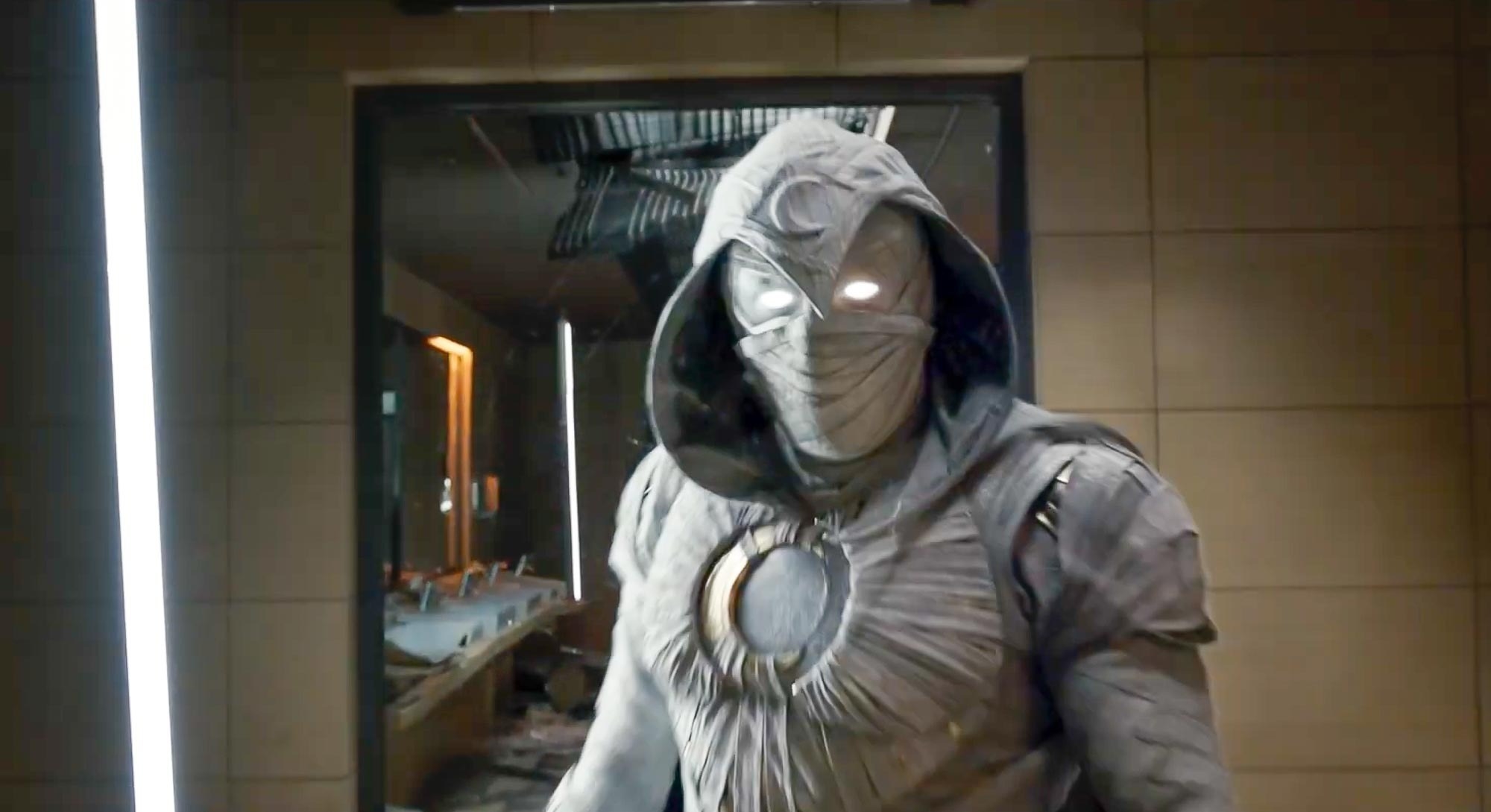 moon knight in his outfit. it&#x27;s a cape with a face mask and glowing eyes