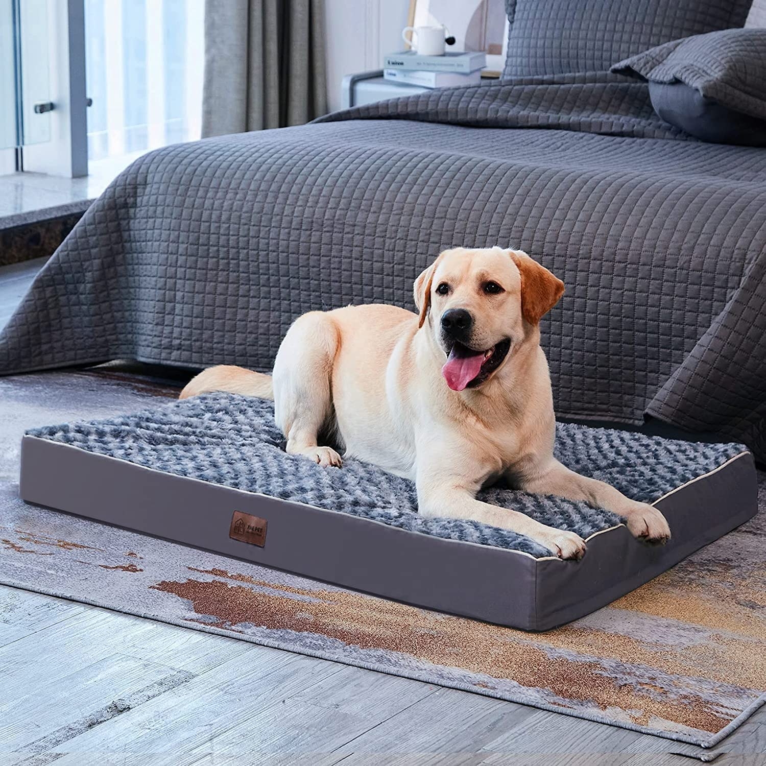 dog sitting on large dog bed