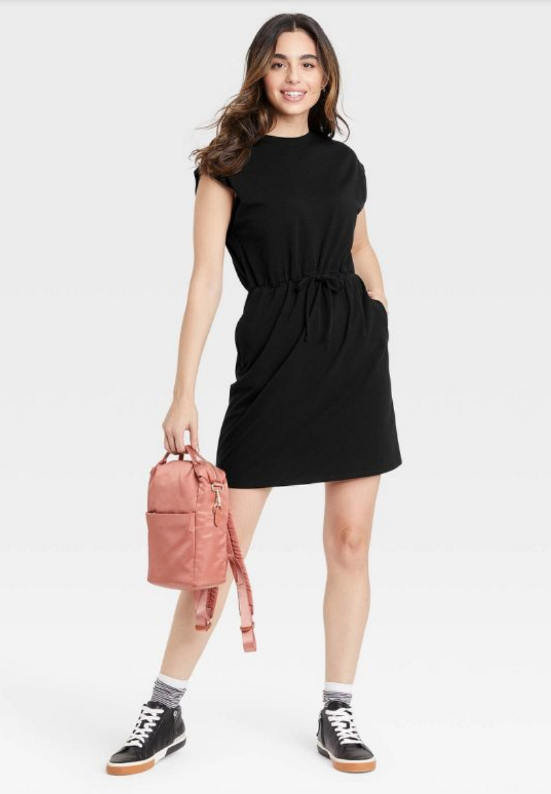 Women&#x27;s Sleeveless Extended Shoulder A-Line Dress in black