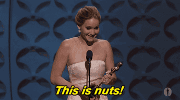 Jennifer Lawrence says, &quot;This is nuts&quot; while holding an Oscar award