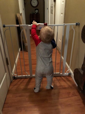 reviewer's photo of a child trying to open a gate
