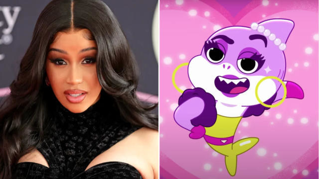 An image of Cardi B on the left and her animated character, Sharki B, is shown on the right. Her character is a shark with a killer yellow outfit and hoops, and a pearl necklace on her fin.