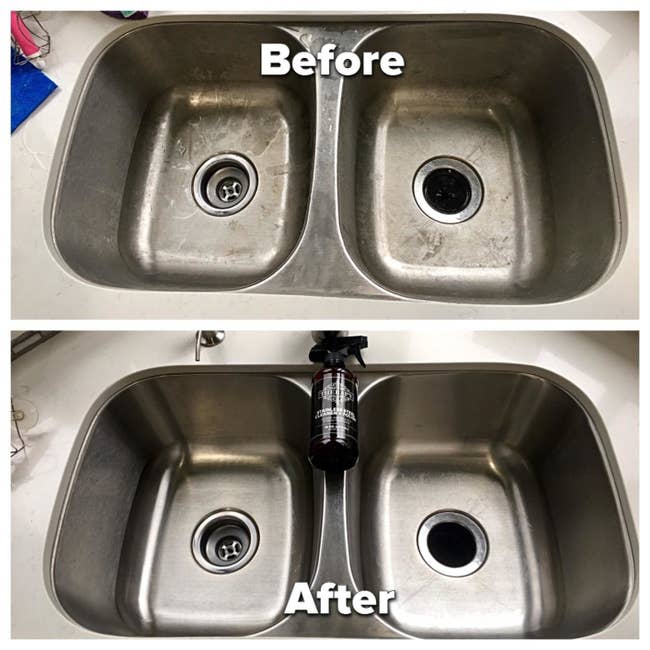 reviewer before-and-after photo showing their stainless steel sink looking brand new after using stainless steel cleaner 