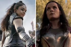 Valkyrie looking down on someone in "Thor: Ragnarok"/Lady Sif with an explosion behind her