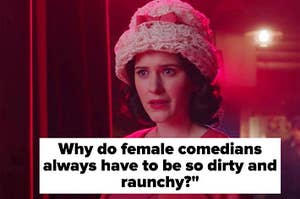 mrs maisel wears a fluffy hat with a bow, short curly hair above her shoulders, brows furrowed, eyes wide, mouth slightly open as if confused