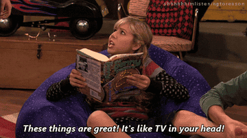 a character reading a book and saying, these things are great! It&#x27;s like TV in your head!