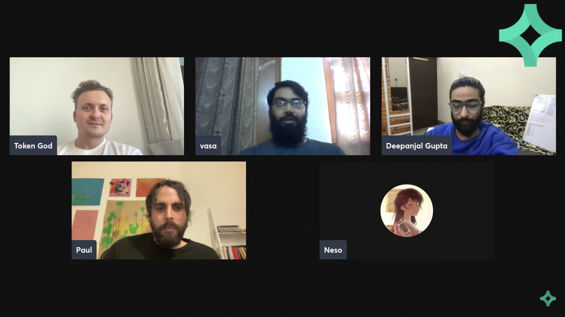 Screenshot of five people on a virtual video chat