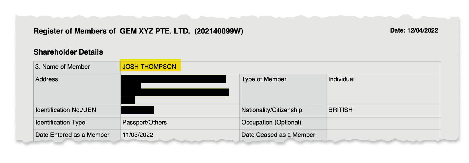 Register of members of GEM XYZ PTE LTD with shareholder details