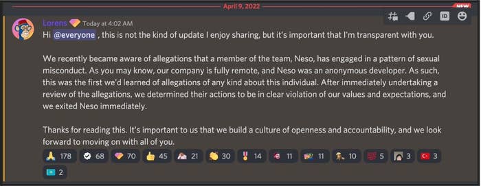 Text referring to allegations that team member Neso &quot;has engaged in a pattern of sexual misconduct&quot;