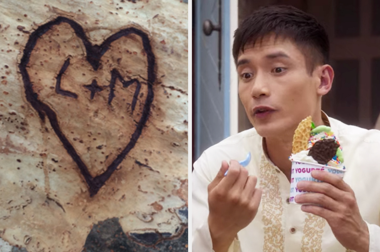 On the left, a heart carved into some tree bark with L plus M carved inside of it, and on the right, Jason from The Good Place eating froyo