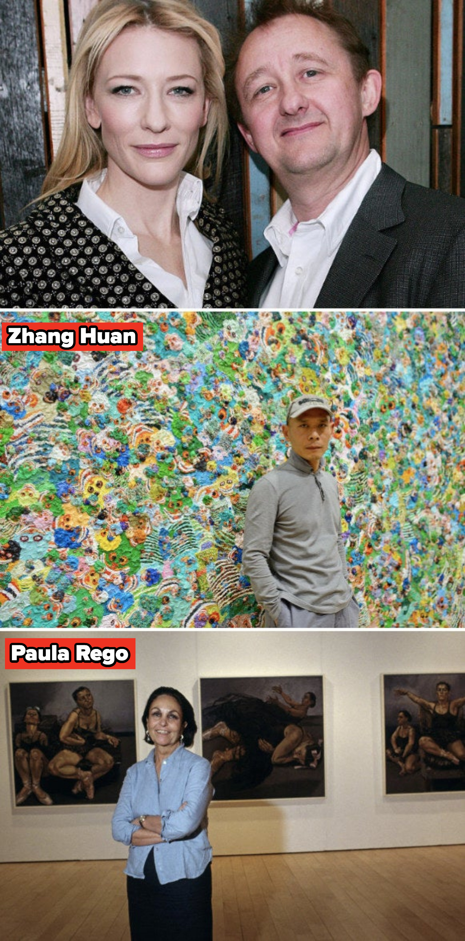 Blanchett and her husband in Australia in 2009; Huan at one of his exhibits in London in 2014; Rego in front of one of her paintings in 1996