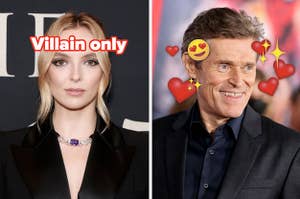 Jodie Comer labeled "villain only" and Willem Dafoe surrounded by hearts