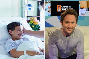 on the left, a little boy in a hospital bed, on the right, zach wigal, founder of gamers outreach