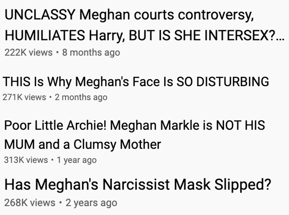 Headlines about Meghan including terms like &quot;Unclassy,&quot; &quot;Narcissist,&quot; &quot;Intersex,&quot; and &quot;Clumsy Mother&quot;