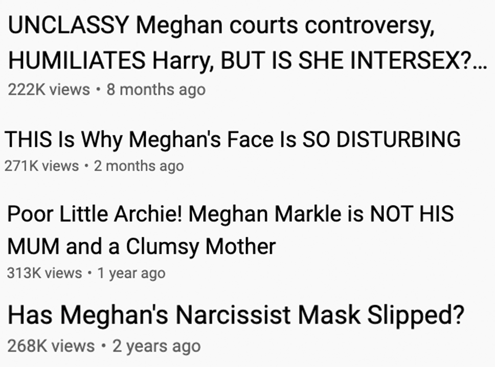 Headlines about Meghan including terms like "Unclassy," "Narcissist," "Intersex," and "Clumsy Mother"