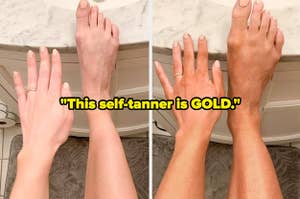 before and after images of a reviewer going from pale to sun-kissed with text that reads "this self-tanner is gold"
