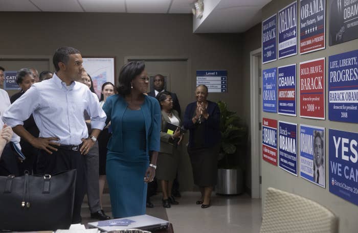 (L-R): O-T Fagbenle and Viola Davis look triumphantly at some election campaign posters on a wall