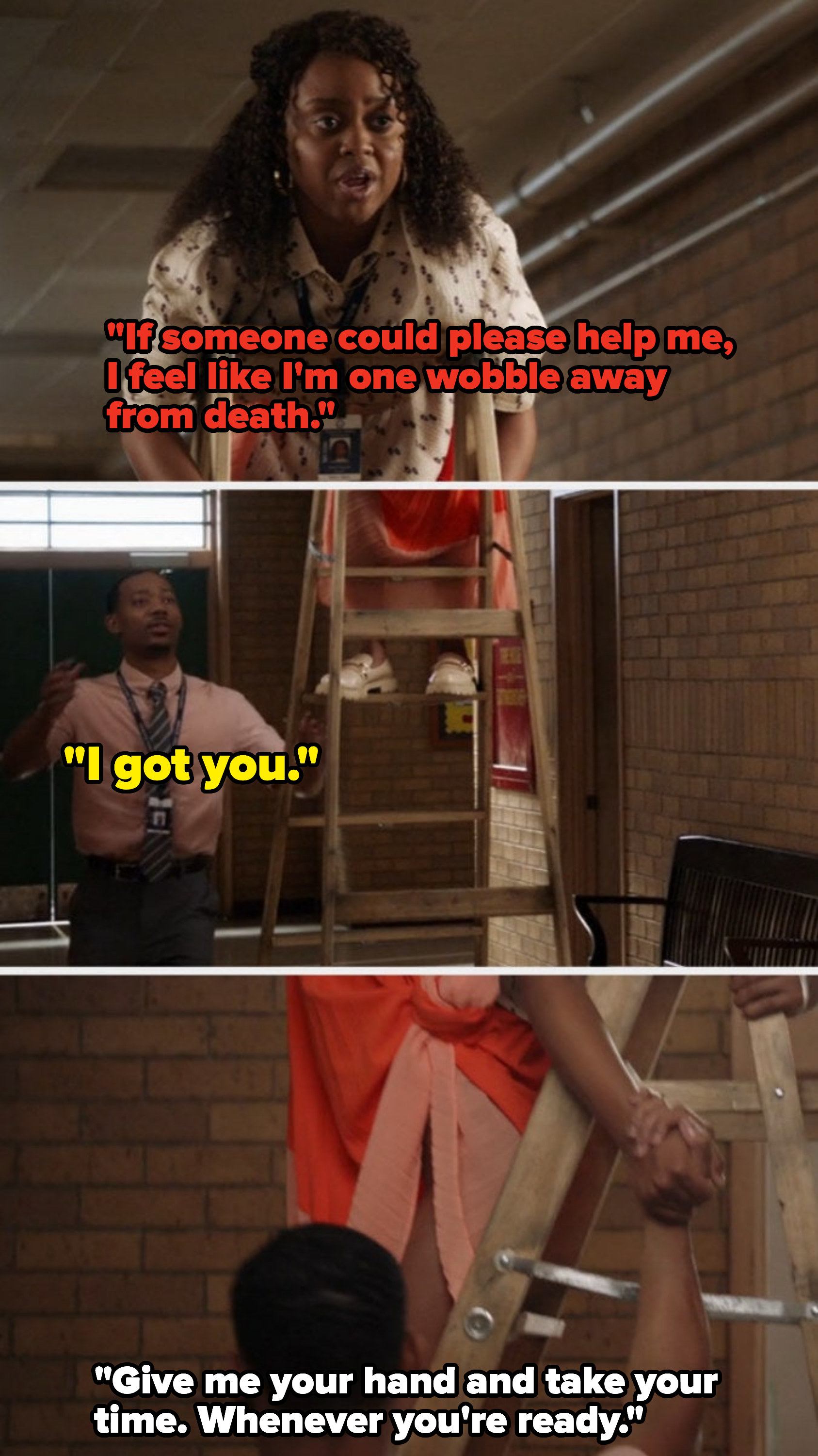Gregory helps Janine get down from a ladder