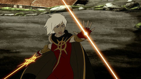 Phyla-Vell holding a glowing sword in one hand and using her energy powers in the other hand