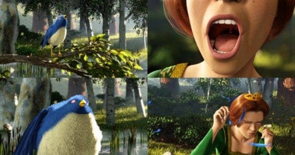 Fiona sings to the blue bird and blows her up.