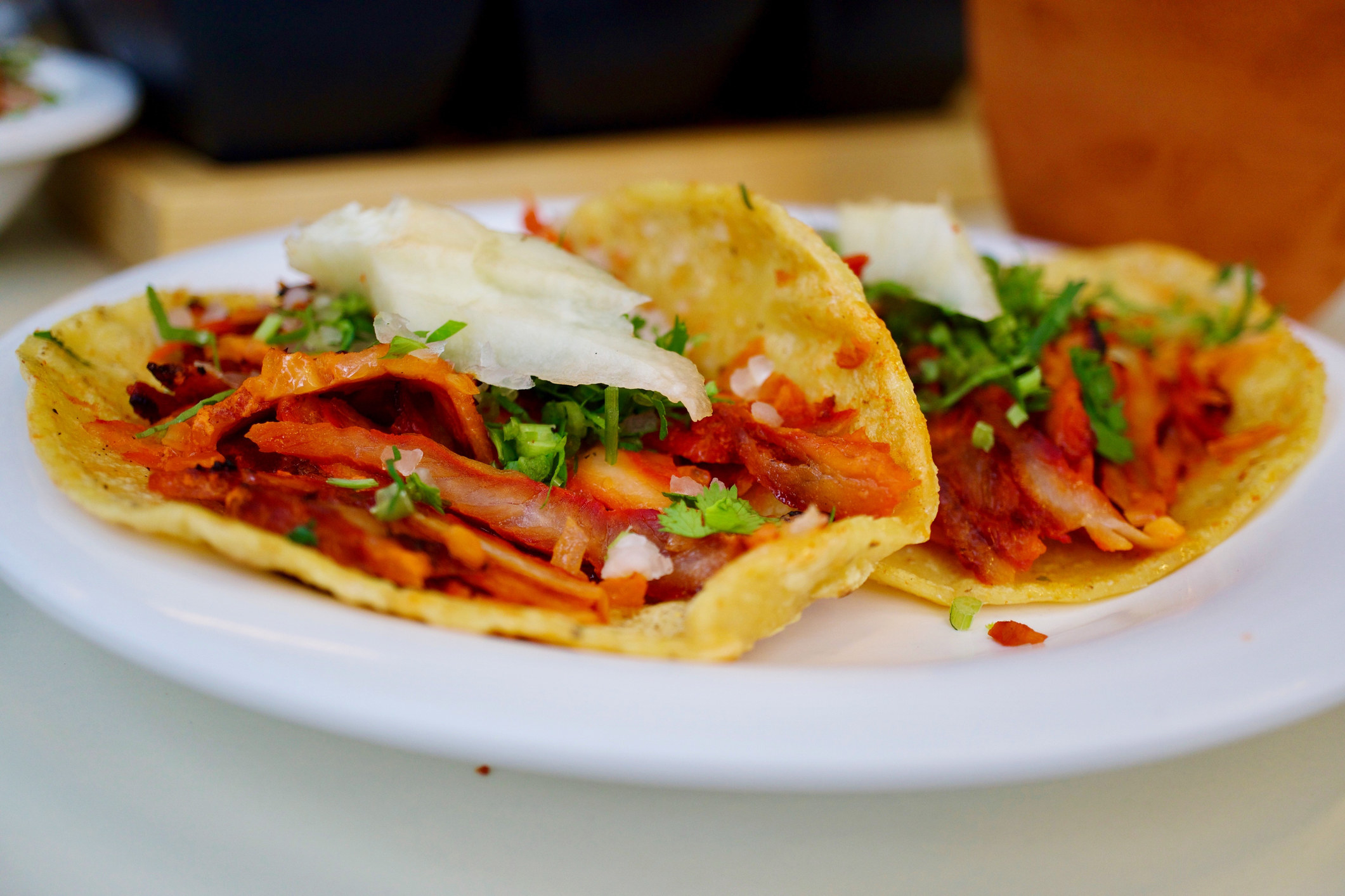 A close-up of two tacos on a plate.