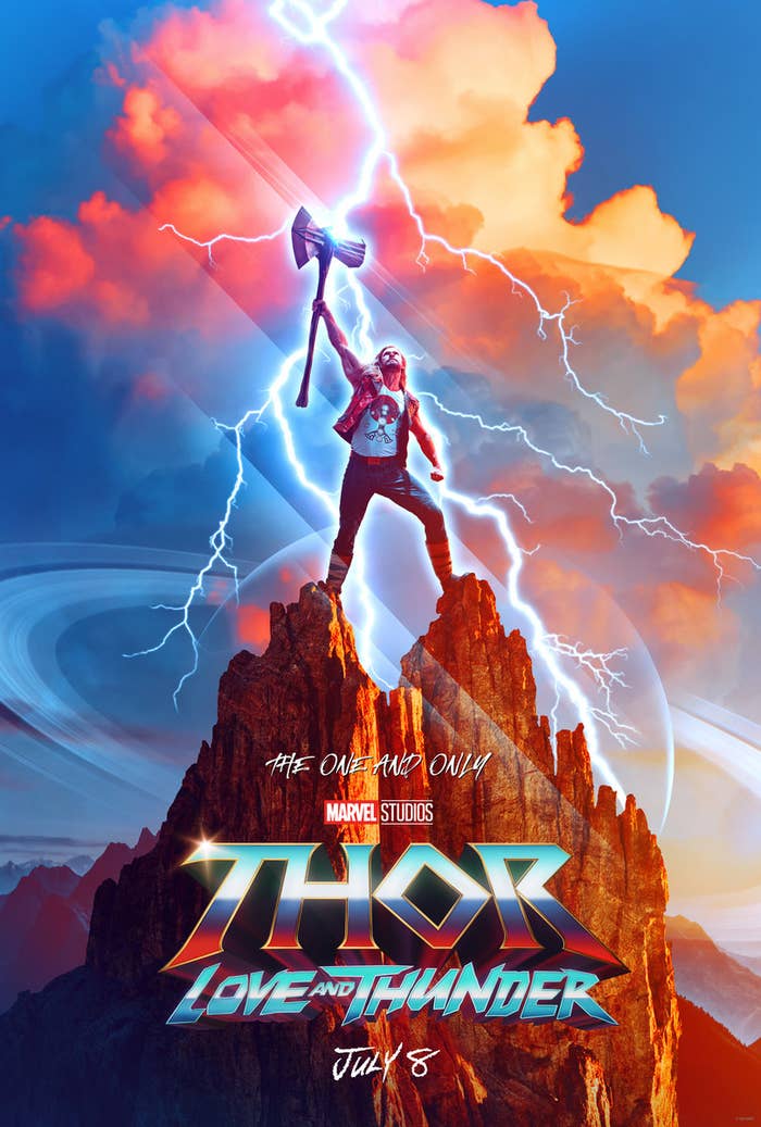 A promo poster featuring Thor standing on top of a cliff holding his weapon, Stormbreaker, to the sky as lightning hits it