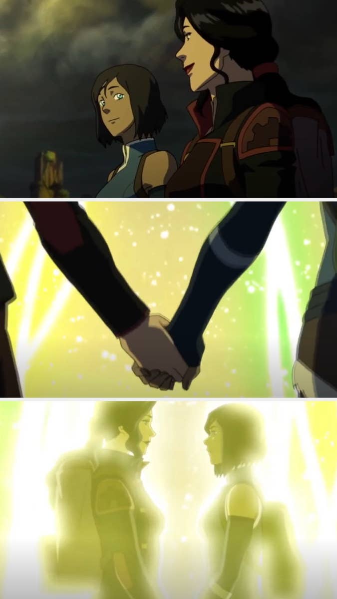 smiling each other and holding hands, korra and asami enter the spirit world