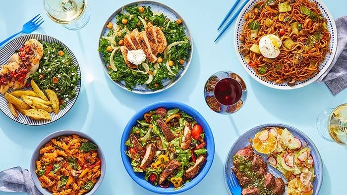 Blue Apron salad, pasta, steak, and chicken dishes paired with red and white wine