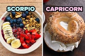 On the left, an acai bowl topped with granola, chopped berries, bananas, and chia seeds labeled Scorpio, and on the right, an everything bagel with cream cheese labeled Capricorn