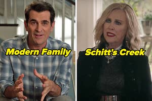 On the left, Phil from Modern Family, and on the right, Moira from Schitt's Creek