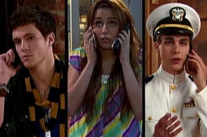 Jesse wears a patterned scarf, Miley Stewart stands with two phones on her ears, and Jake Ryan is dressed as a sea captain