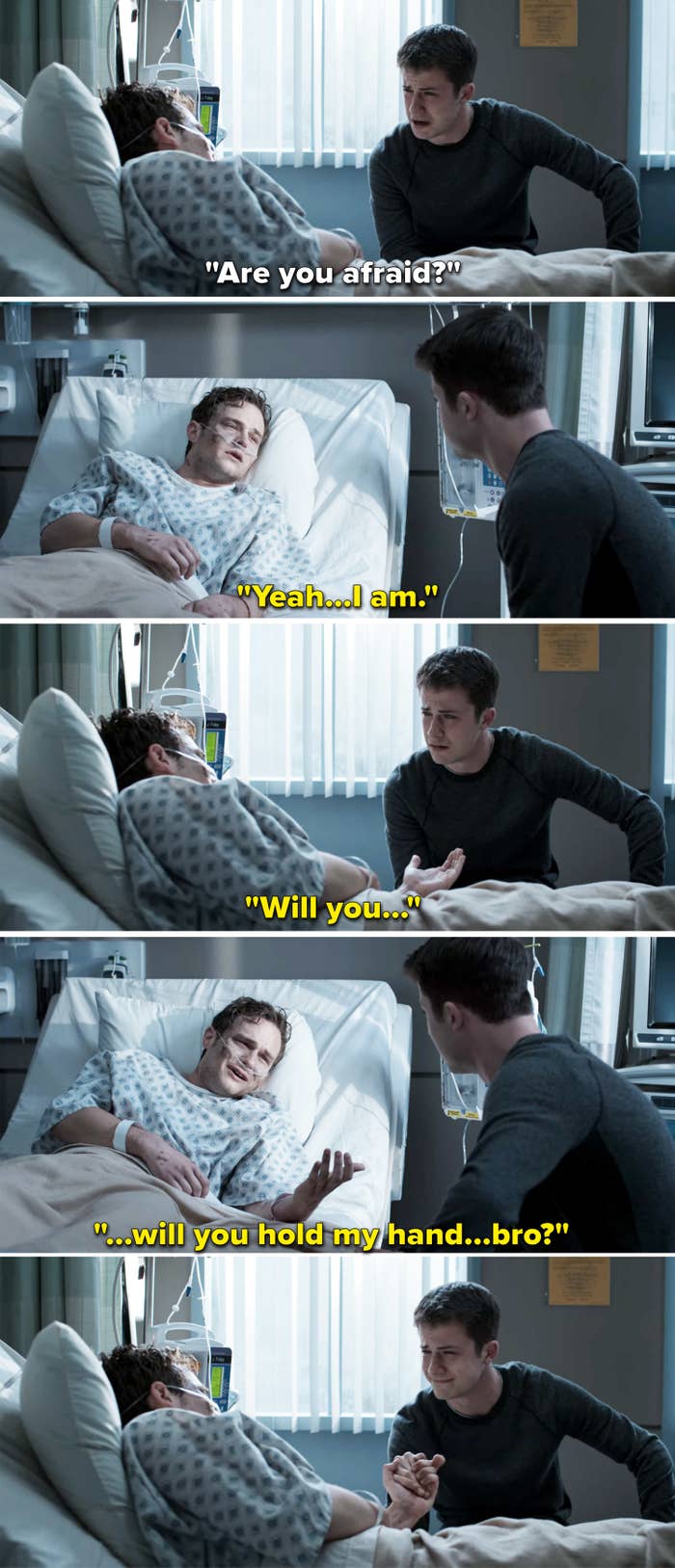 Justin is scared in the hospital bed and asks his friend to hold his hand