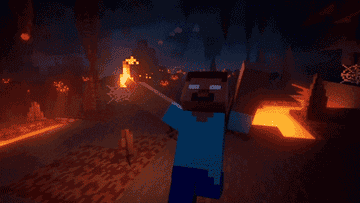 GIF of a Minecraft character running from spiders in the game