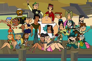 The cast of "Total Drama Island" Season 1 pose for a group picture on a lake dock