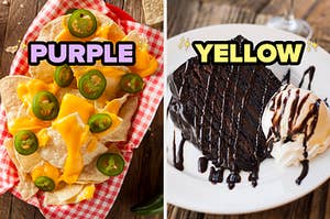 On the left, some tortilla chips topped with cheese and jalapeños labeled purple, and on the right, a slice of chocolate cake with a side of vanilla ice cream covered in chocolate syrup labeled yellow