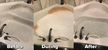 reviewer pic showing before, during, and after using the tub cleaner and how it gets all the gunk out of  it