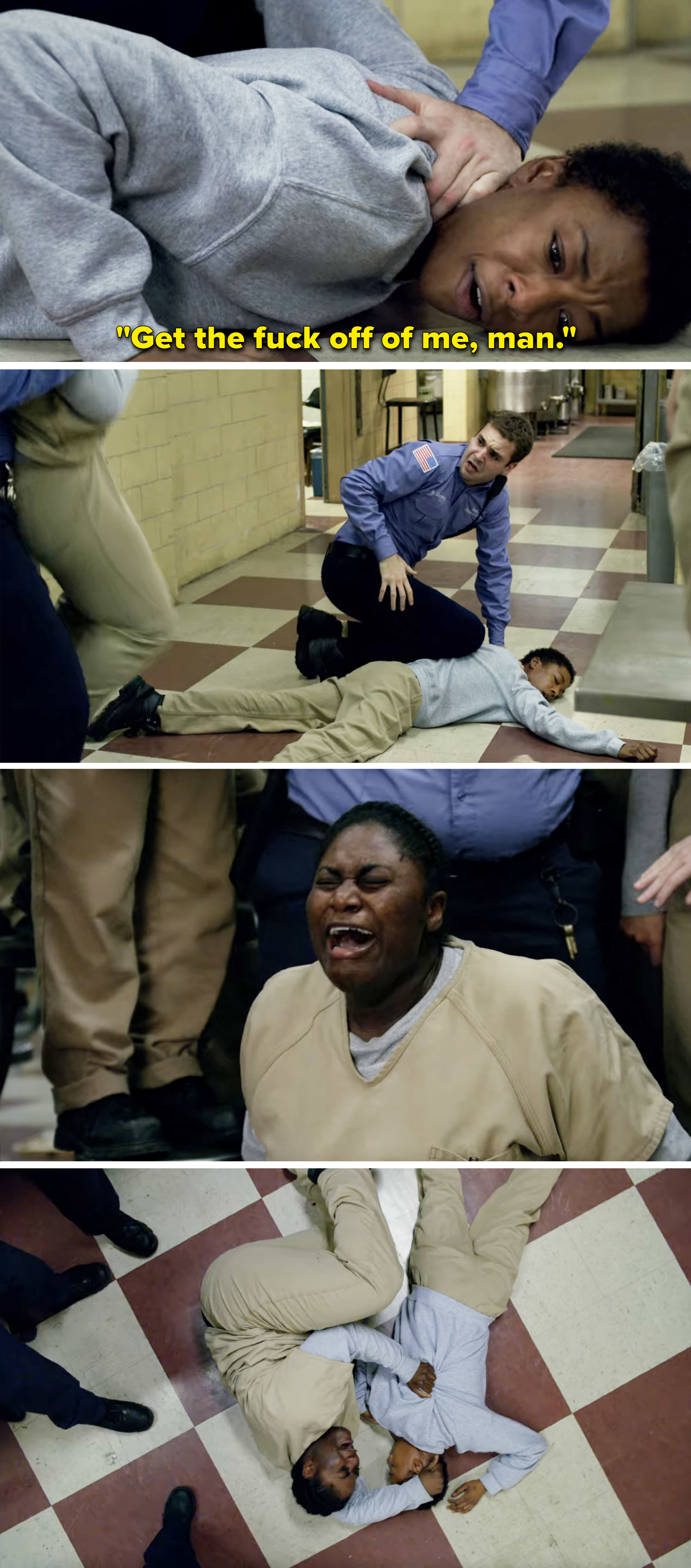 Poussey on the floor as another character screams in agony for losing her