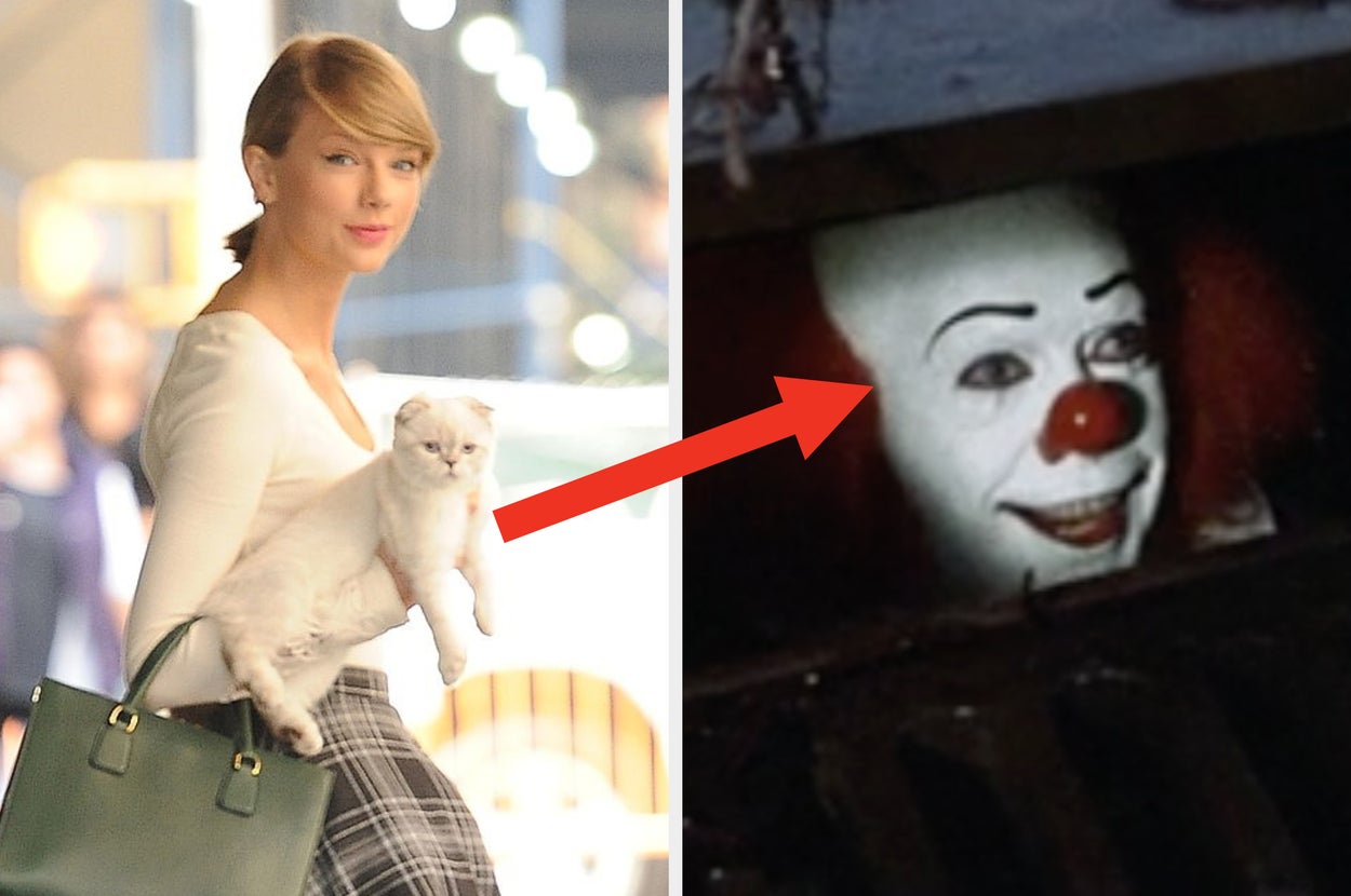 Taylor Swift walks down the street holding her cat and Pennywise the clown sits in a sewer