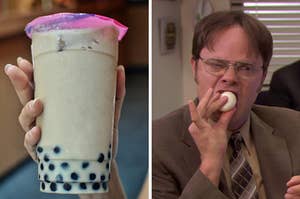 On the left, someone holding a bubble tea, and on the right, Dwight from The Office eating an egg