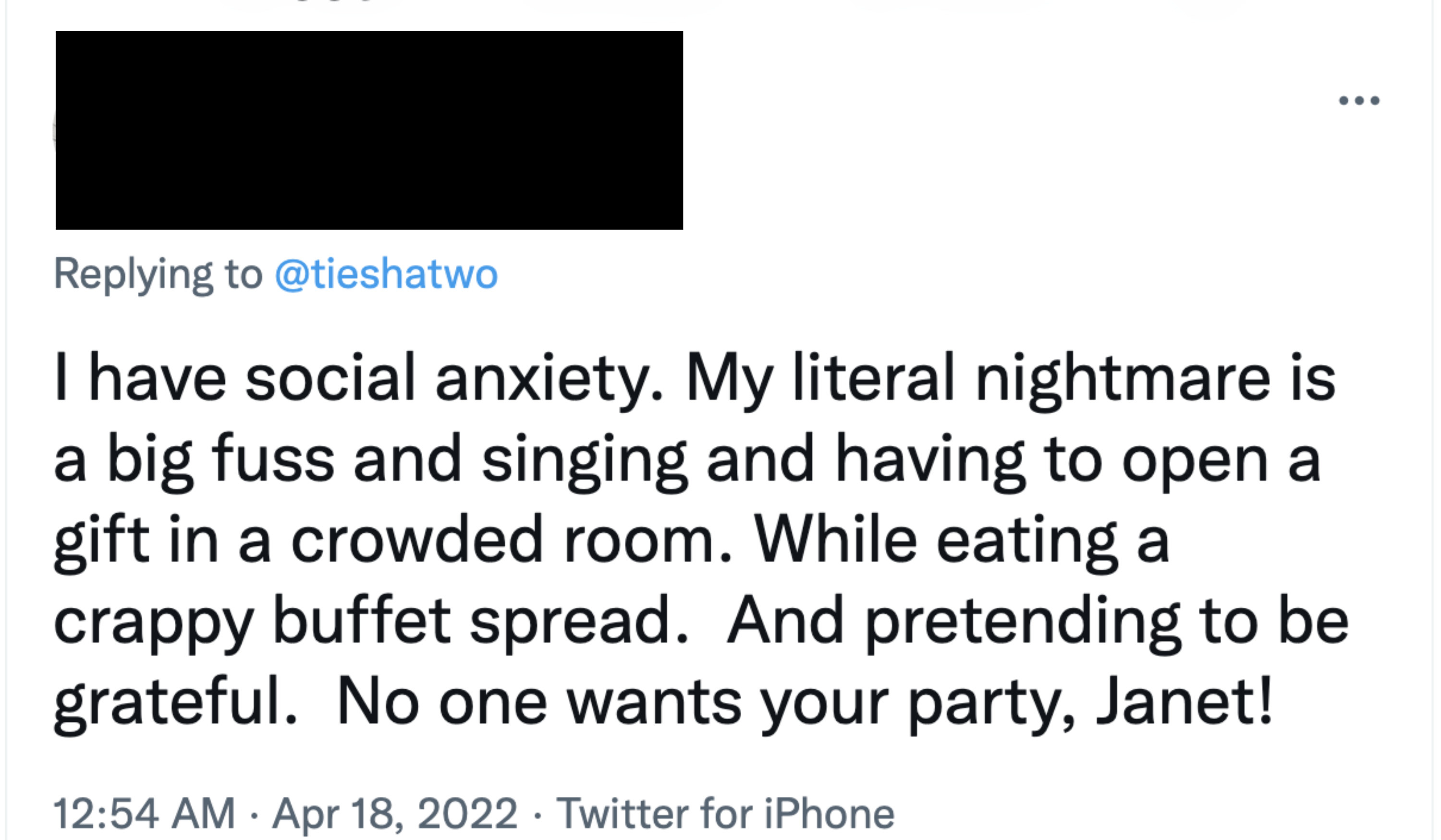 A comment that says, &quot;I have social anxiety,&quot; and that their nightmare is a party where they&#x27;re the center of attention