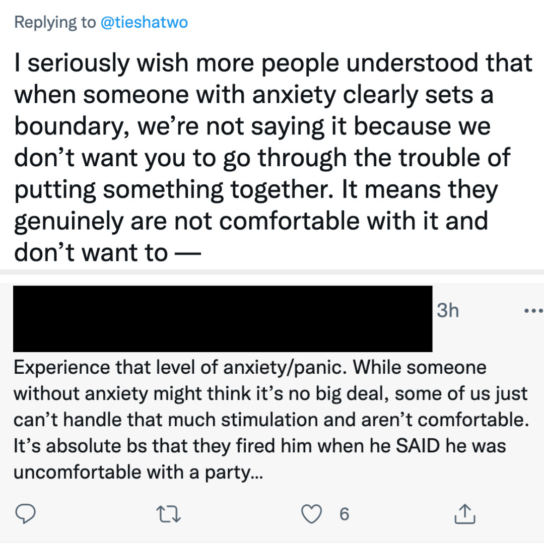 Commenters talking about how and why someone with anxiety might not be comfortable with something