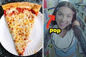 On the left, a slice of cheese pizza on a paper plate, and on the right, Olivia Rodrigo in the Good 4 U music video with an arrow pointing to her and pop typed under her chin